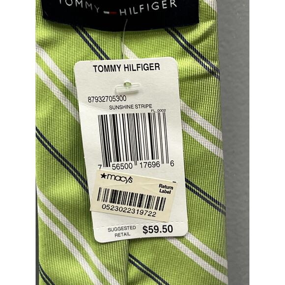 NWT Tommy Hilfiger Men's 3.5" Width 100% Silk‎ Neck Tie Green/Navy Stripe Combo - Picture 4 of 4